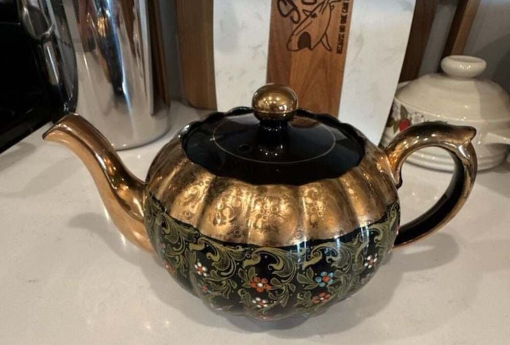 Vintage Gibson Teapot Black and Gold Floral Scalloped Ceramic